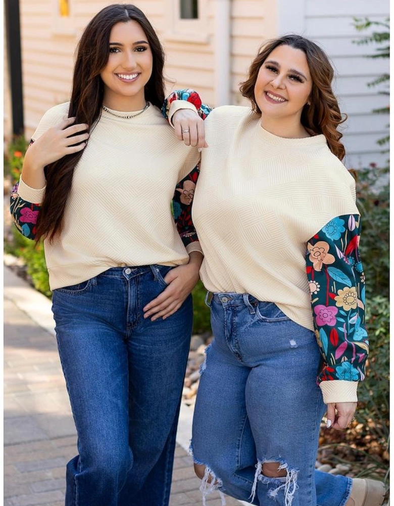 White Floral Patchwork Sleeve Textured Plus Size Pullover Top