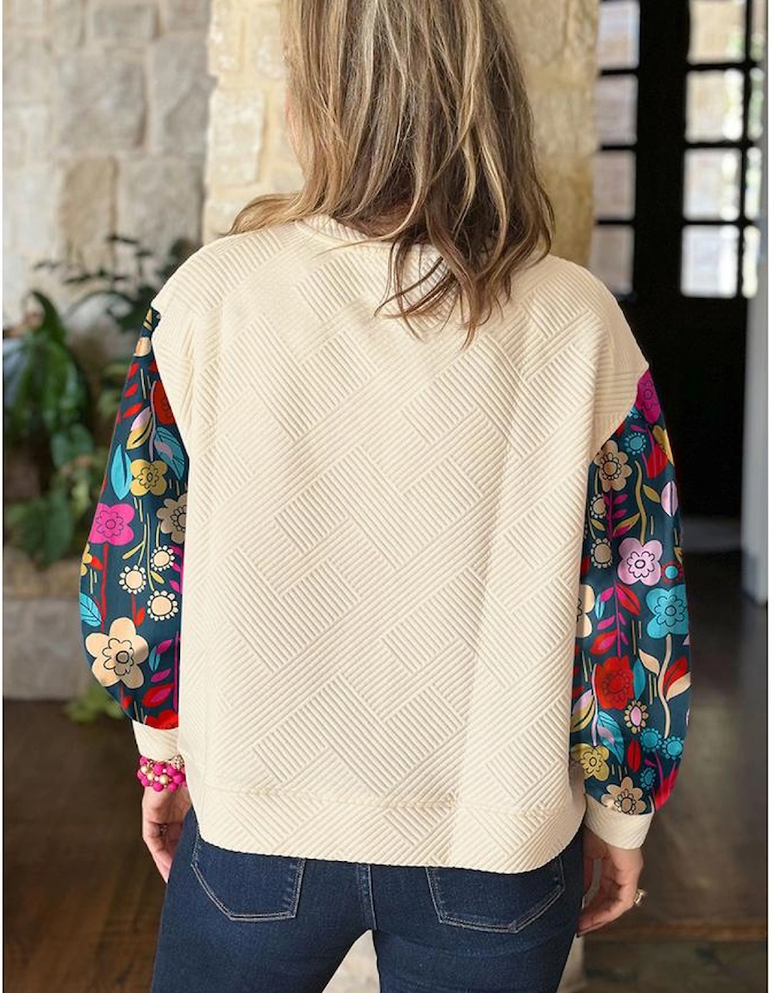 White Floral Patchwork Sleeve Textured Plus Size Pullover Top