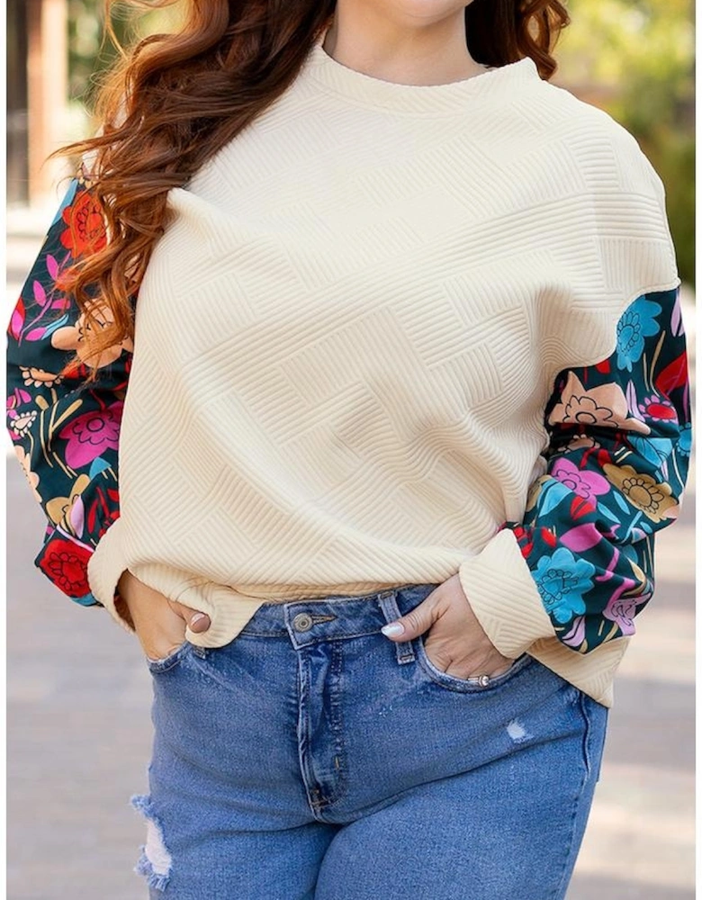 White Floral Patchwork Sleeve Textured Plus Size Pullover Top
