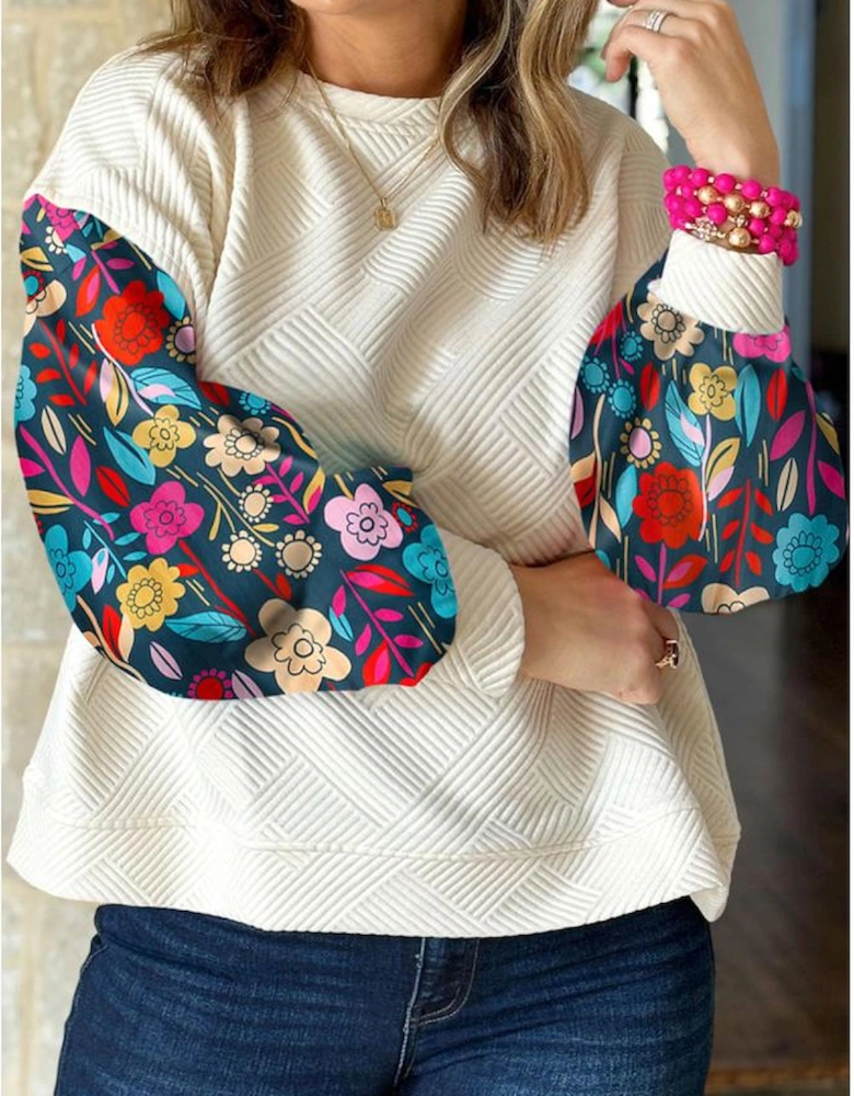 White Floral Patchwork Sleeve Textured Plus Size Pullover Top