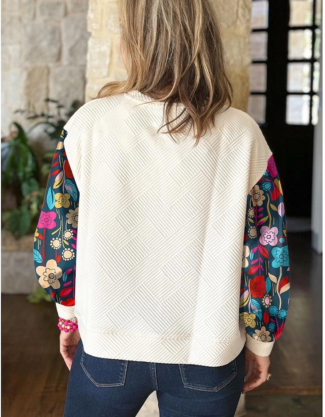 White Floral Patchwork Sleeve Textured Plus Size Pullover Top
