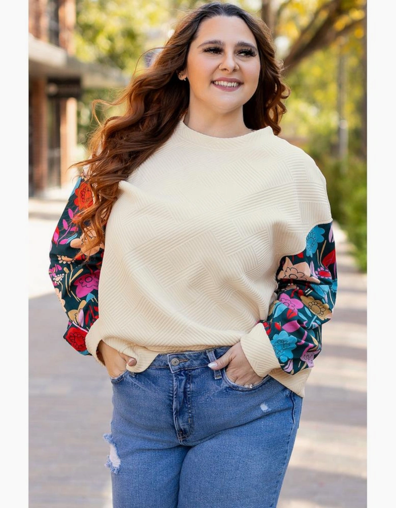 White Floral Patchwork Sleeve Textured Plus Size Pullover Top