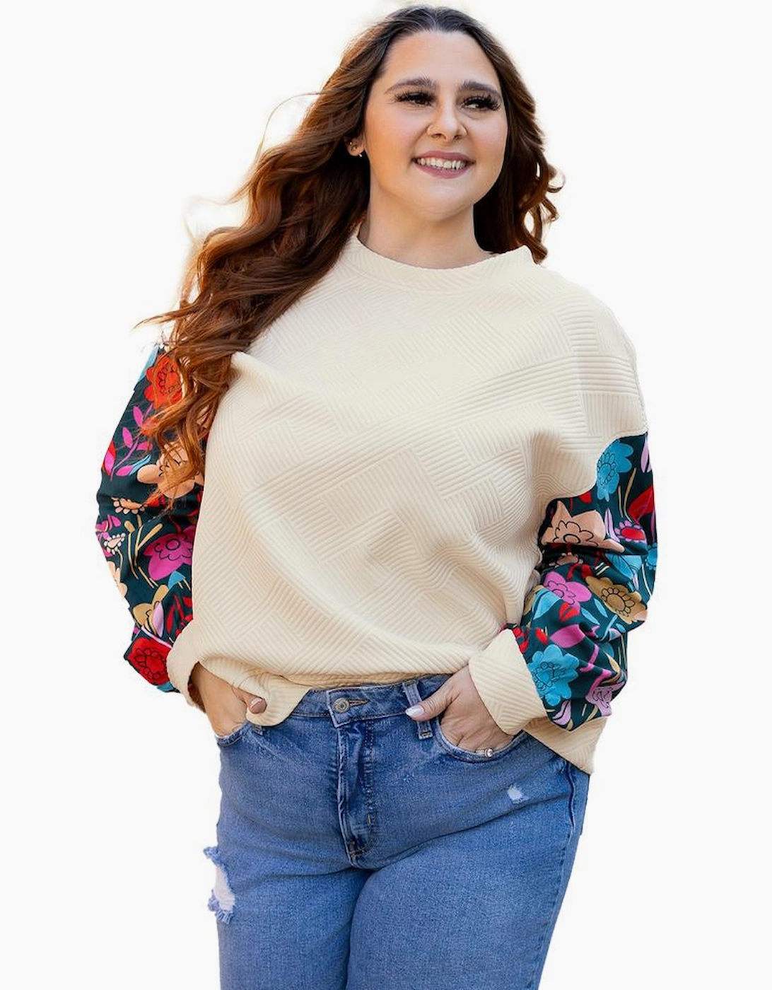 White Floral Patchwork Sleeve Textured Plus Size Pullover Top