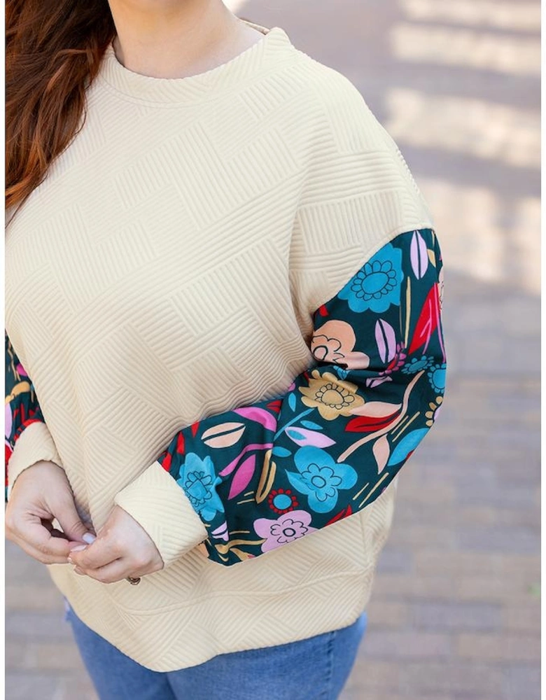 White Floral Patchwork Sleeve Textured Plus Size Pullover Top