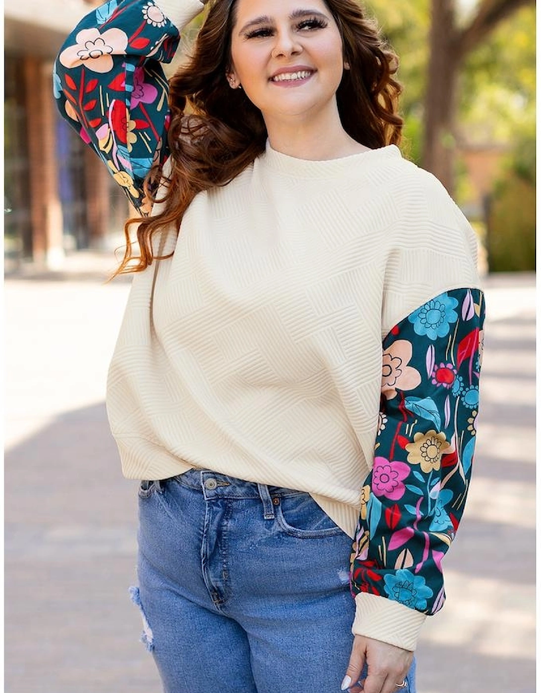 White Floral Patchwork Sleeve Textured Plus Size Pullover Top
