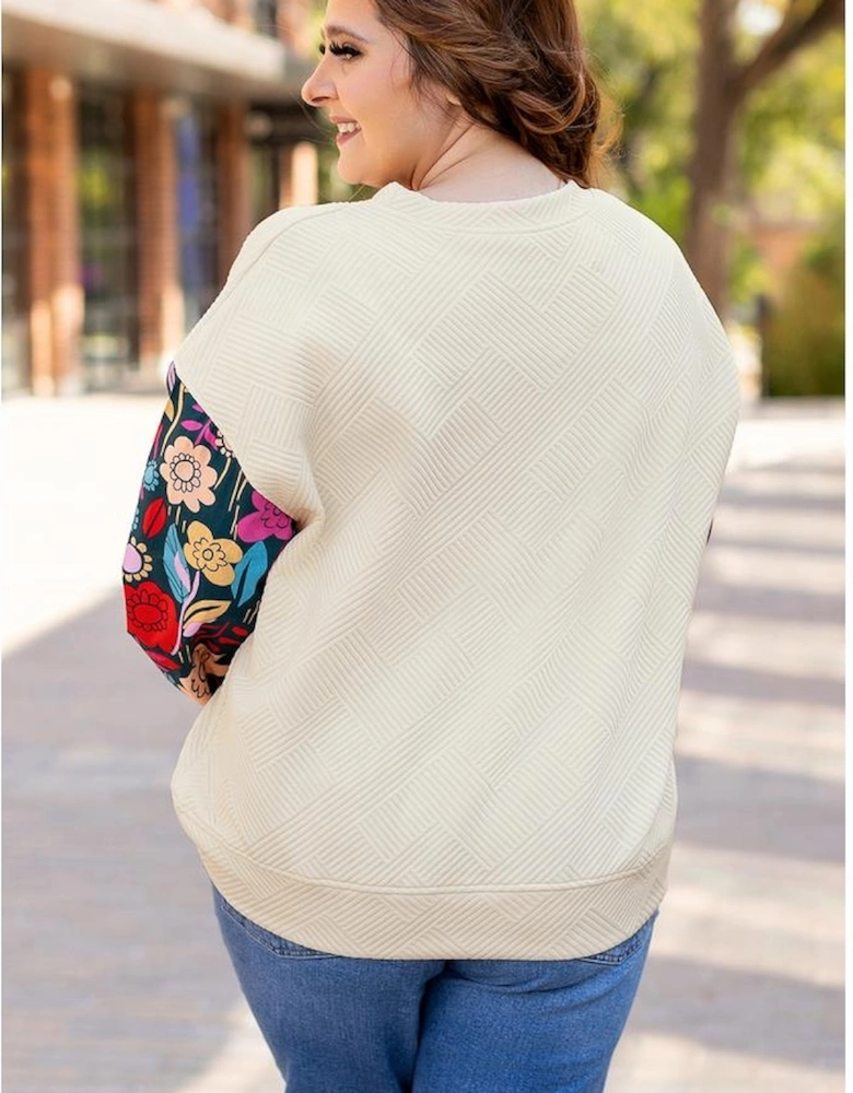 White Floral Patchwork Sleeve Textured Plus Size Pullover Top