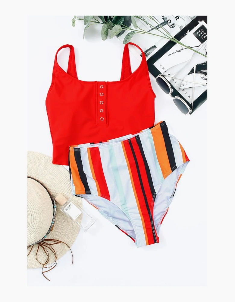 Square Neck Sleeveless Fashion Print Tankini Set