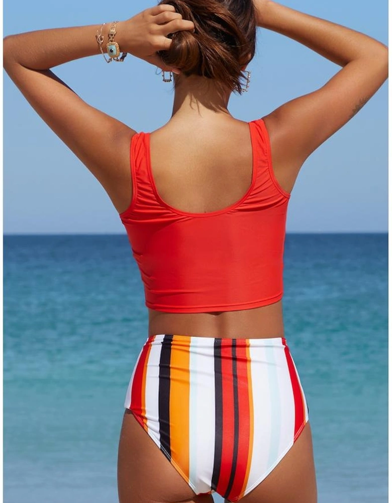 Square Neck Sleeveless Fashion Print Tankini Set