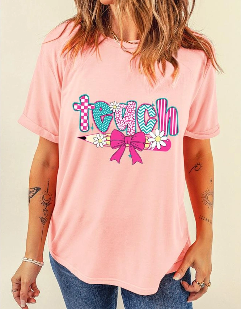 Pink Preppy Retro Checkered Coquette Teach Graphic T-Shirt