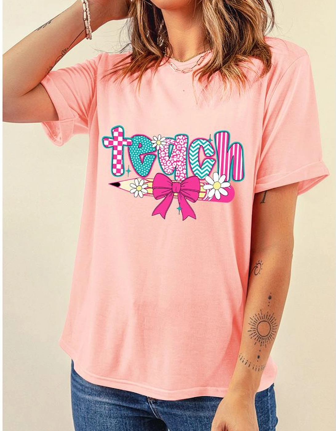 Pink Preppy Retro Checkered Coquette Teach Graphic T-Shirt