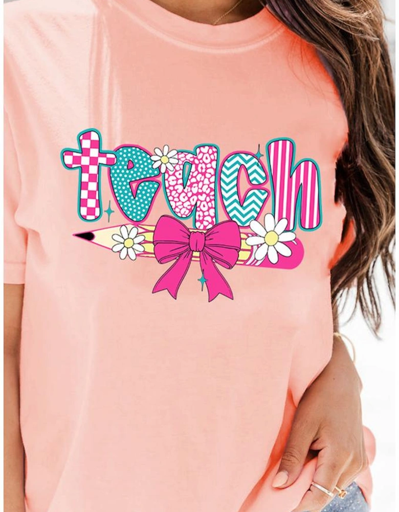 Pink Preppy Retro Checkered Coquette Teach Graphic T-Shirt
