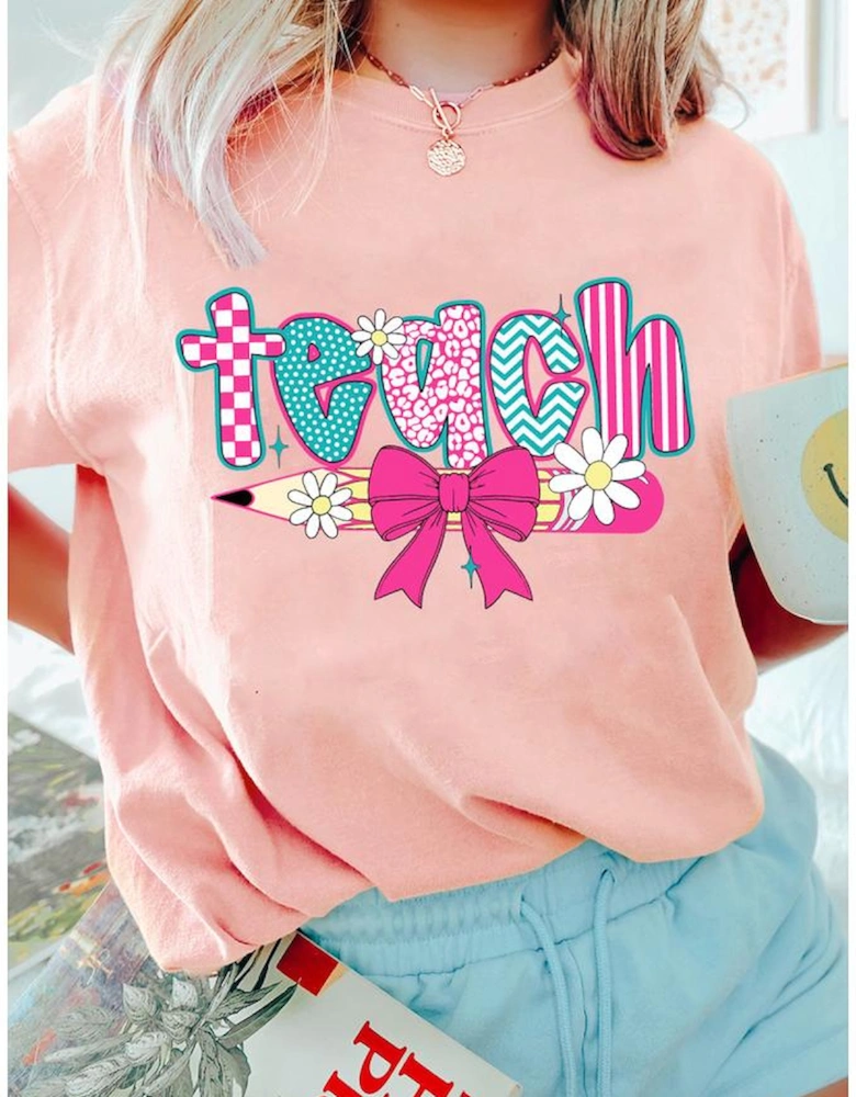 Pink Preppy Retro Checkered Coquette Teach Graphic T-Shirt