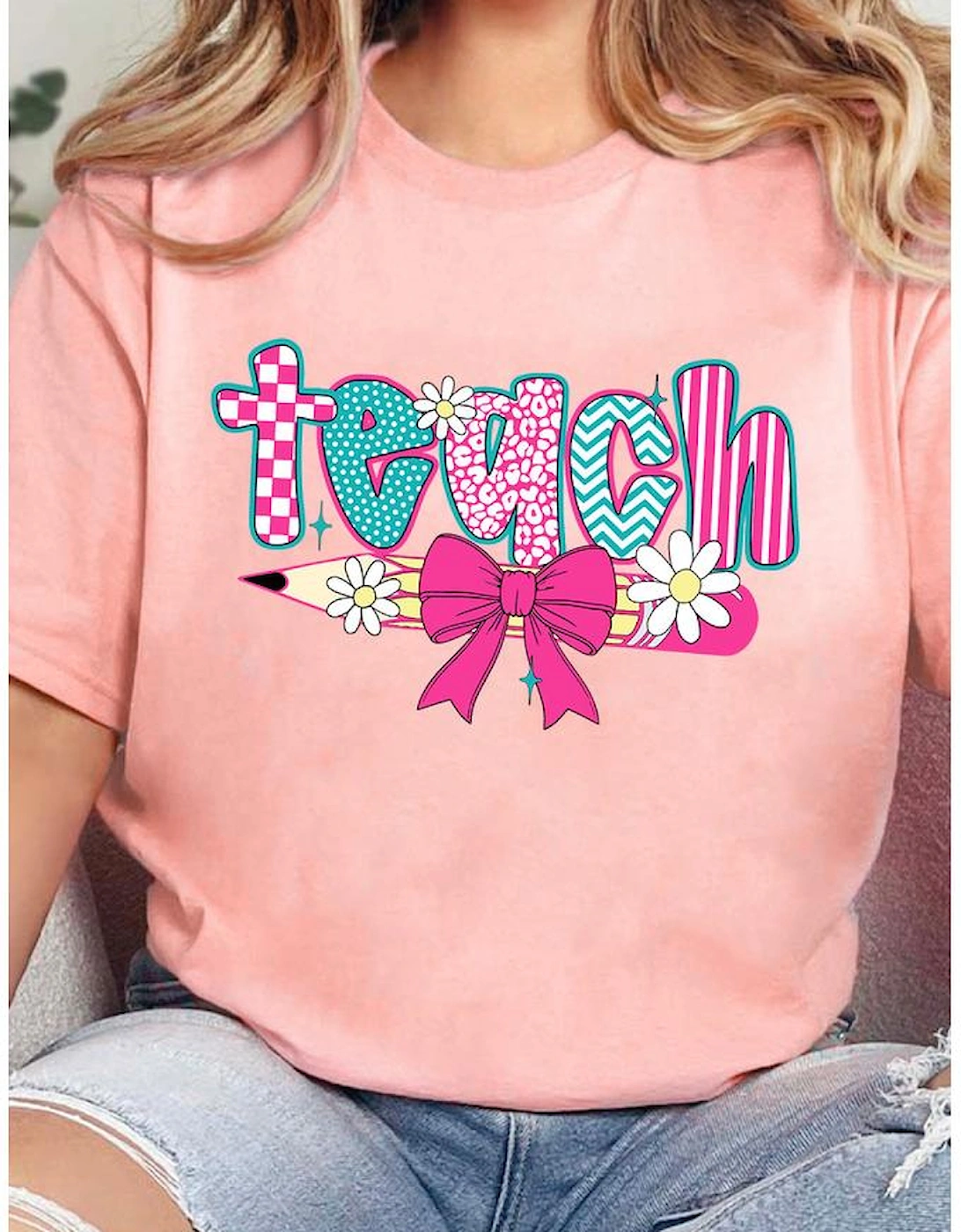 Pink Preppy Retro Checkered Coquette Teach Graphic T-Shirt, 8 of 7