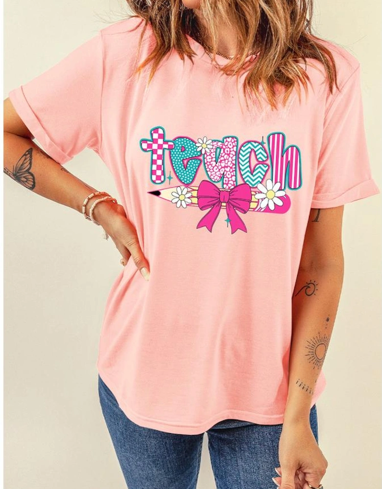 Pink Preppy Retro Checkered Coquette Teach Graphic T-Shirt