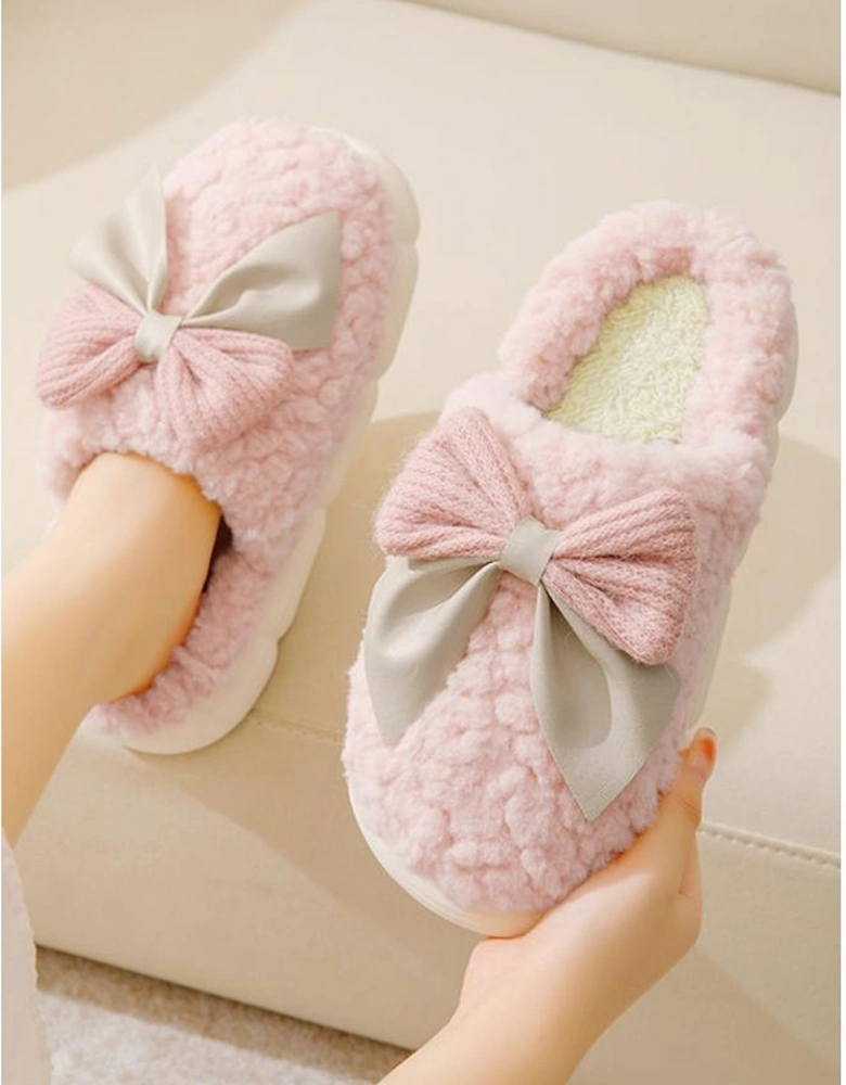 Pink Contrast Bowknot Applique Plush Winter Slippers (Bow Colors May Differ by Batch)