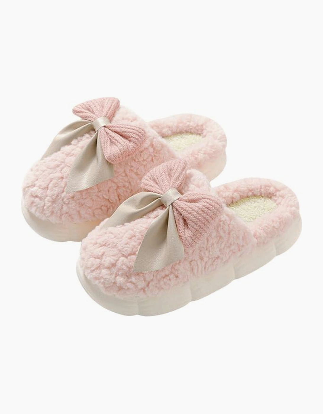 Pink Contrast Bowknot Applique Plush Winter Slippers (Bow Colors May Differ by Batch), 6 of 5