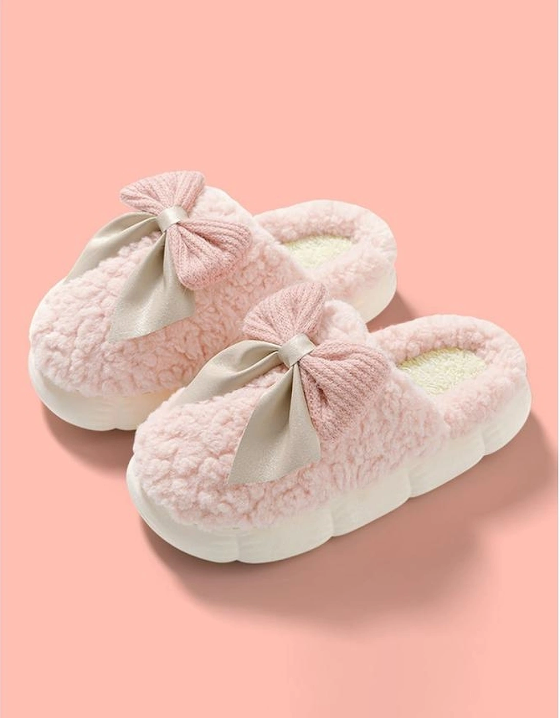 Pink Contrast Bowknot Applique Plush Winter Slippers (Bow Colors May Differ by Batch)