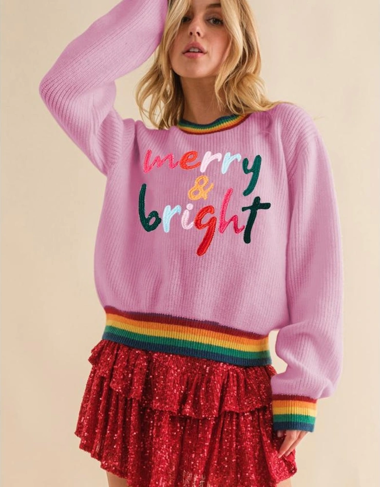 Bonbon Merry & Bright Colorful Stripes Trim Sweater