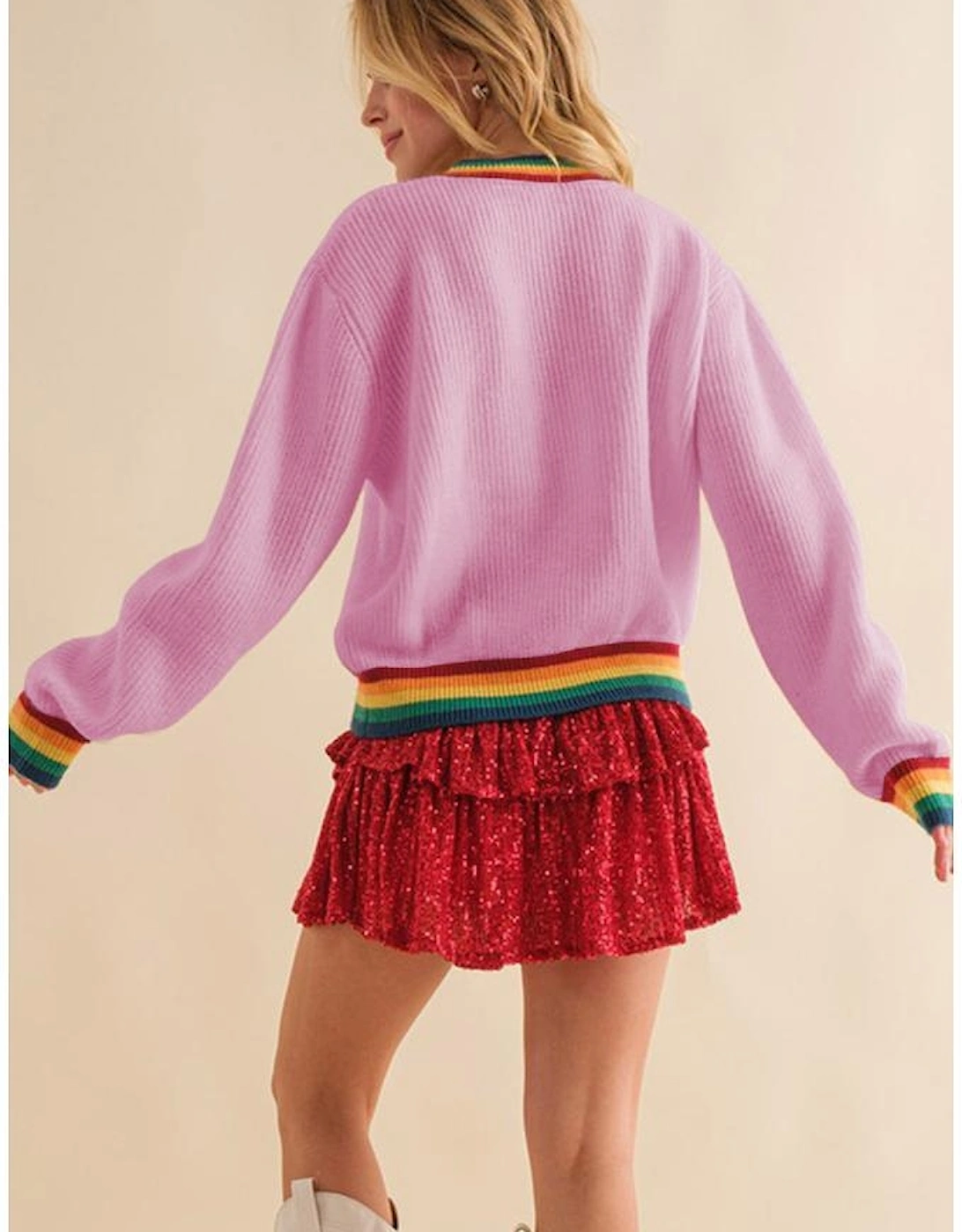 Bonbon Merry & Bright Colorful Stripes Trim Sweater