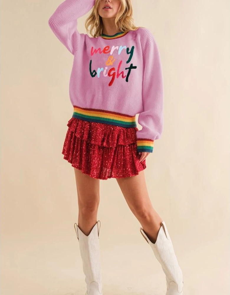 Bonbon Merry & Bright Colorful Stripes Trim Sweater