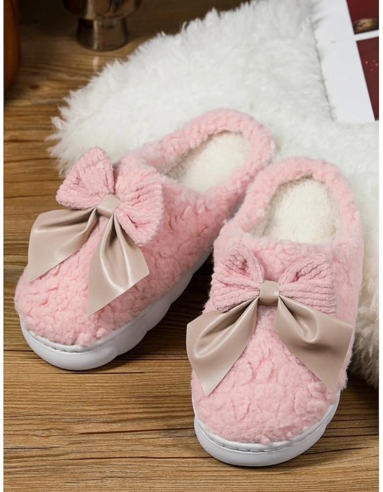 Pink Contrast Bowknot Applique Plush Winter Slippers (Bow Colors May Differ by Batch)