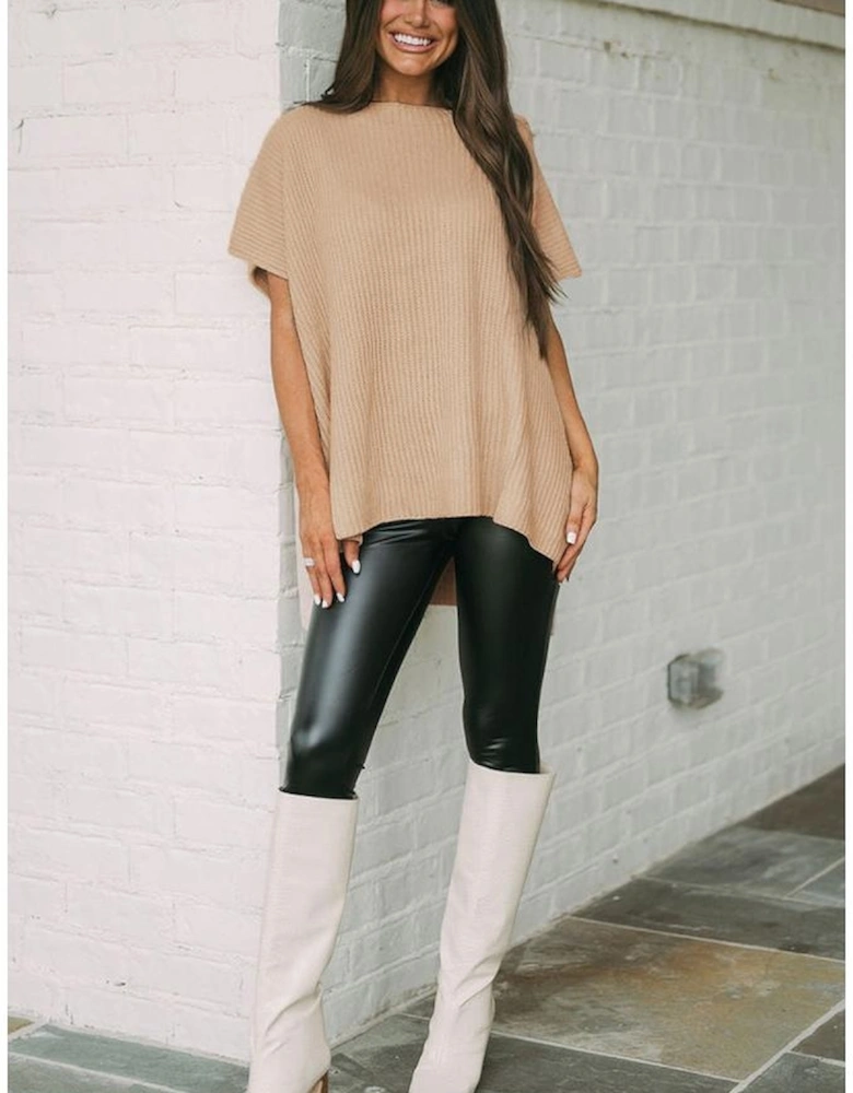 Apricot Short Sleeve Side Slit Oversized Sweater