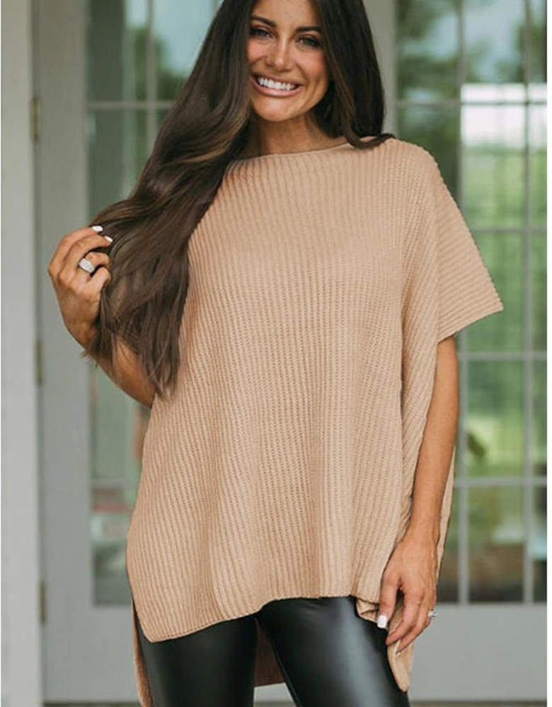 Apricot Short Sleeve Side Slit Oversized Sweater
