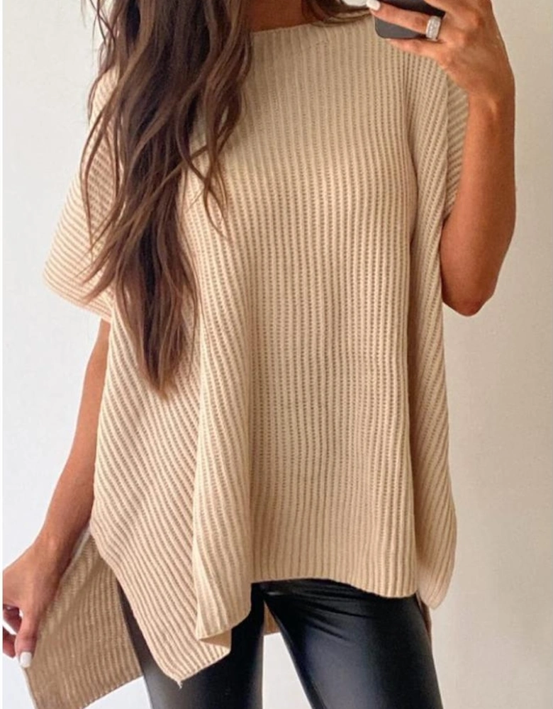 Apricot Short Sleeve Side Slit Oversized Sweater