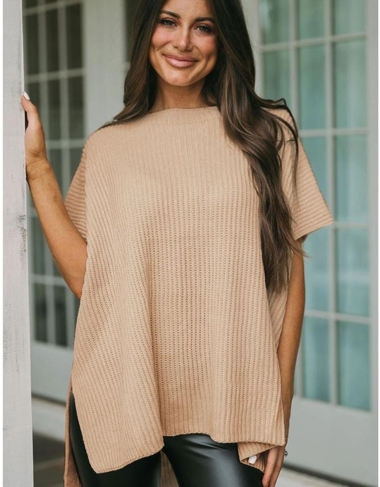 Apricot Short Sleeve Side Slit Oversized Sweater