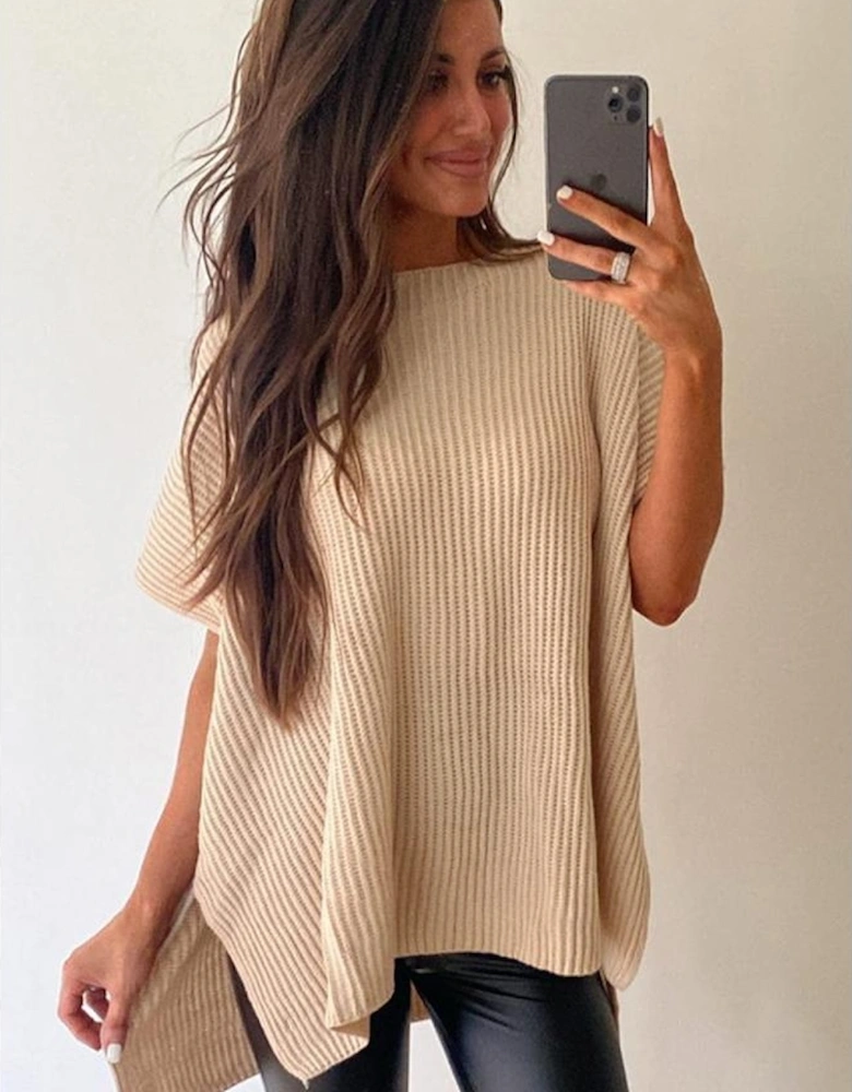 Apricot Short Sleeve Side Slit Oversized Sweater