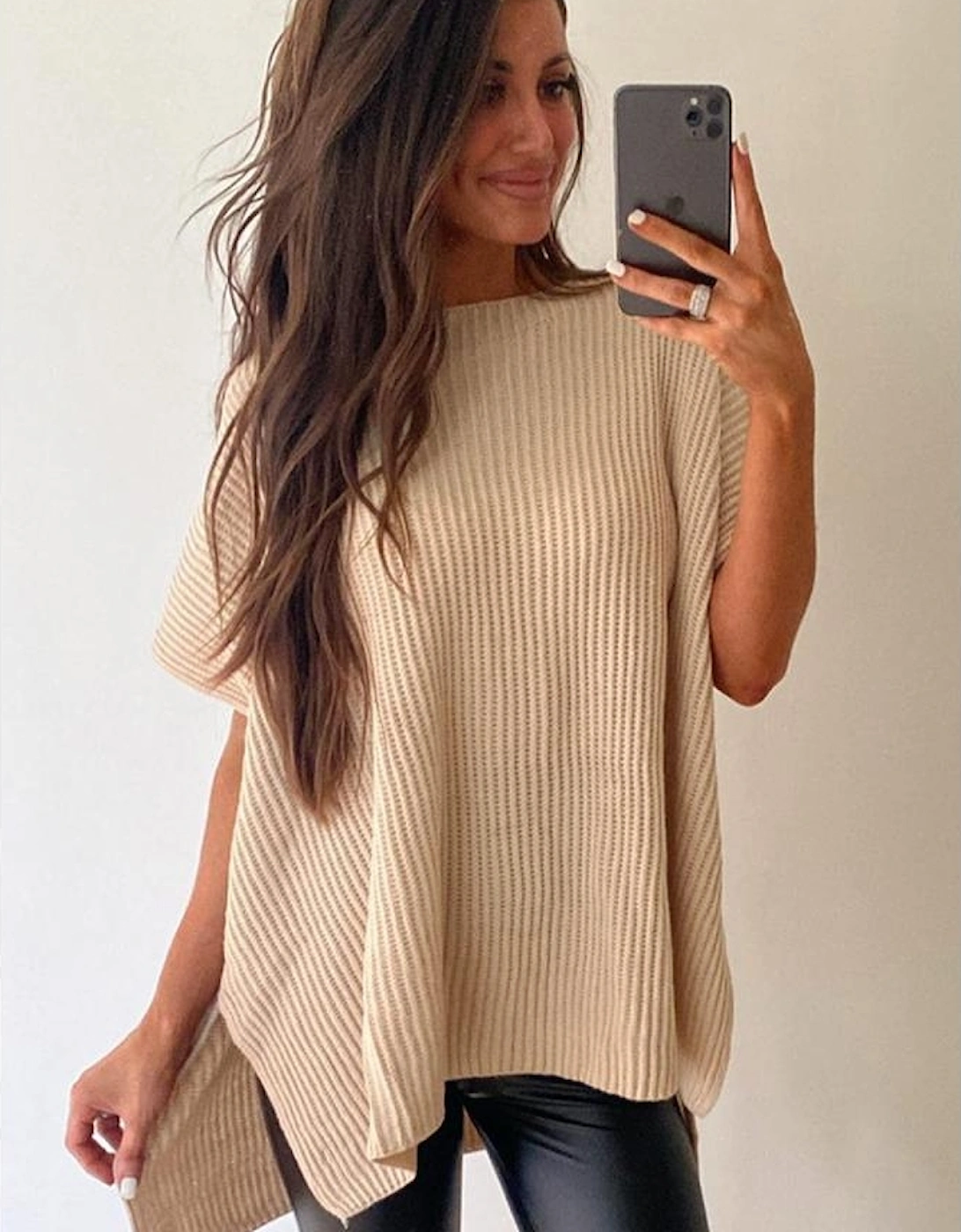 Apricot Short Sleeve Side Slit Oversized Sweater