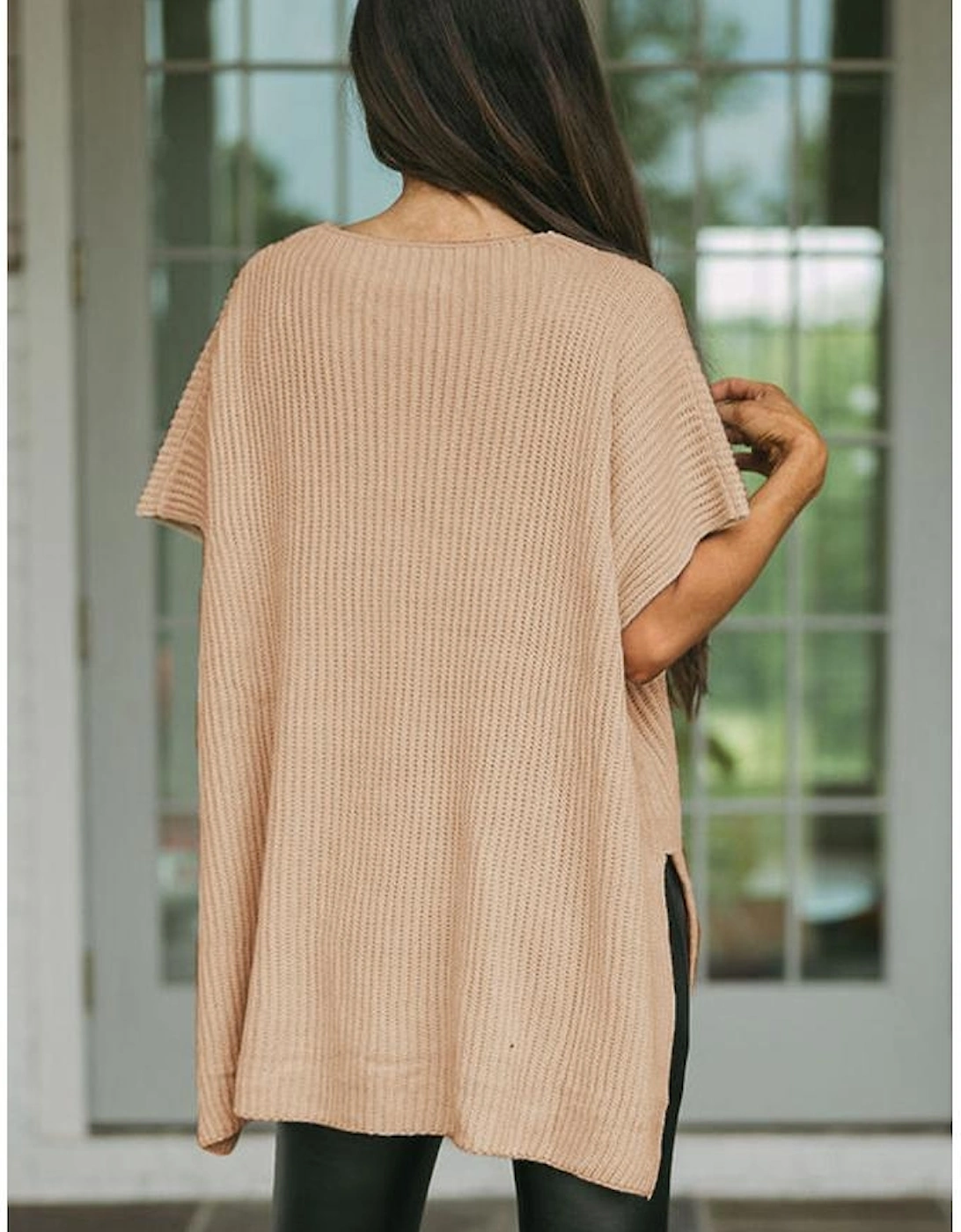 Apricot Short Sleeve Side Slit Oversized Sweater