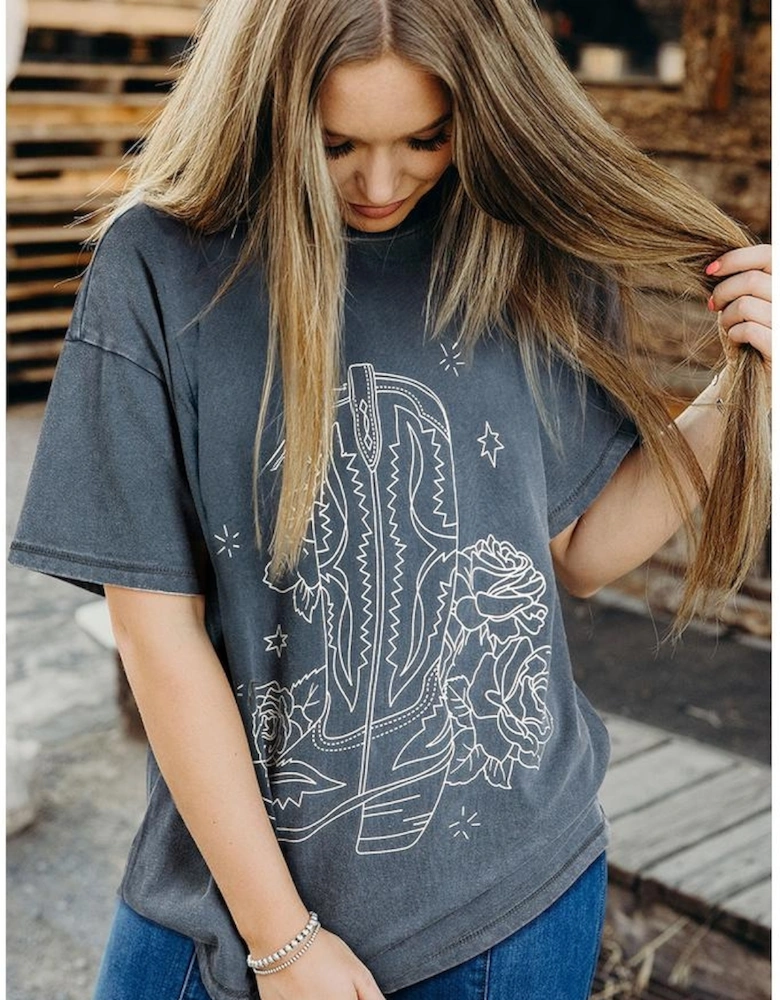 High-Rise Western Cowboy Boots Graphic Tee