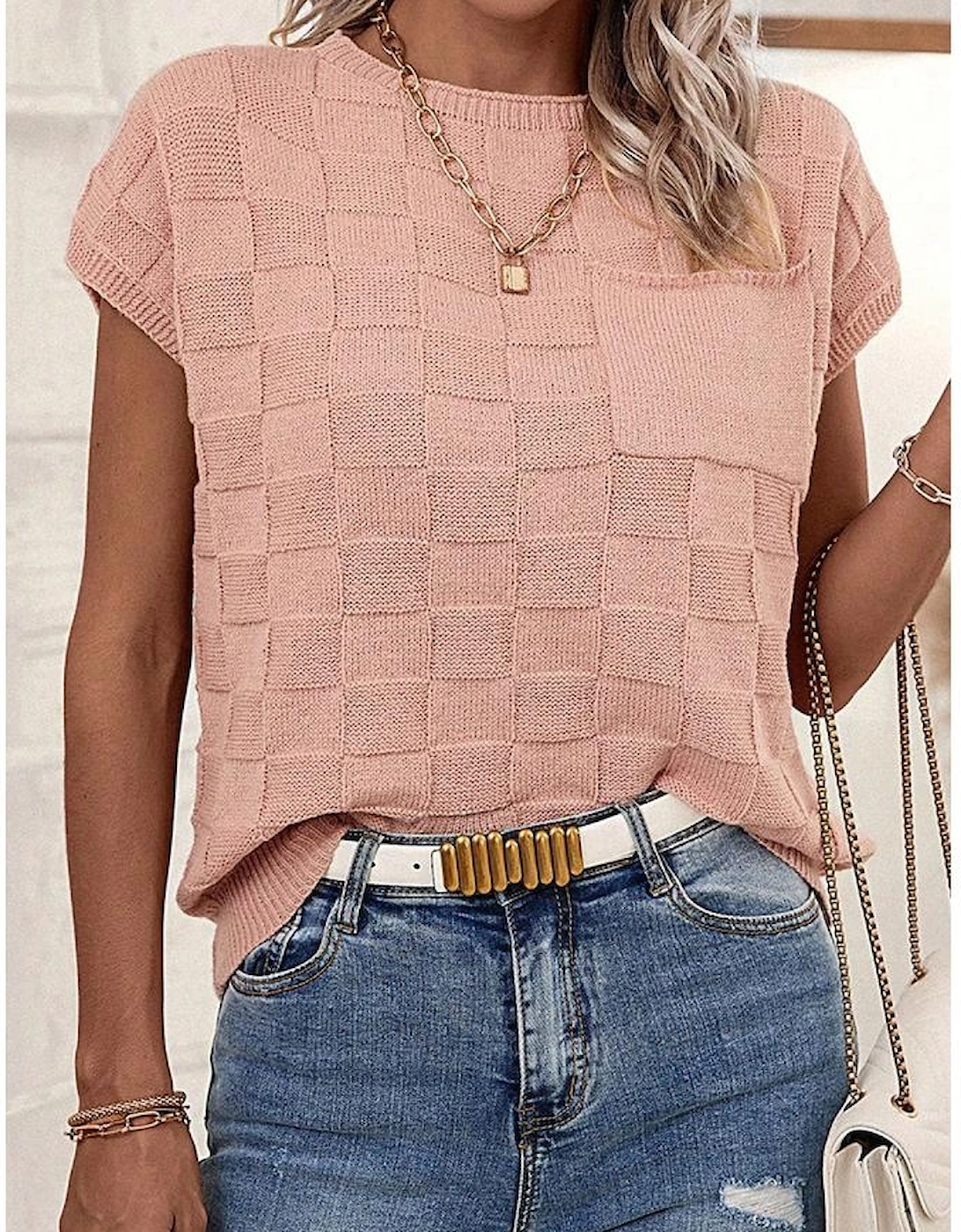 Dusty Pink Lattice Textured Knit Short Sleeve Sweater
