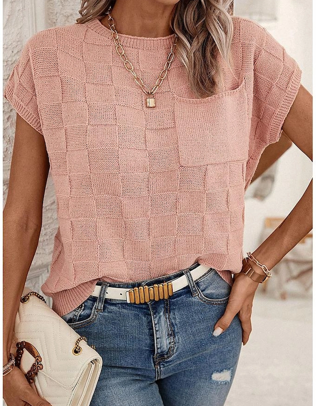 Dusty Pink Lattice Textured Knit Short Sleeve Sweater