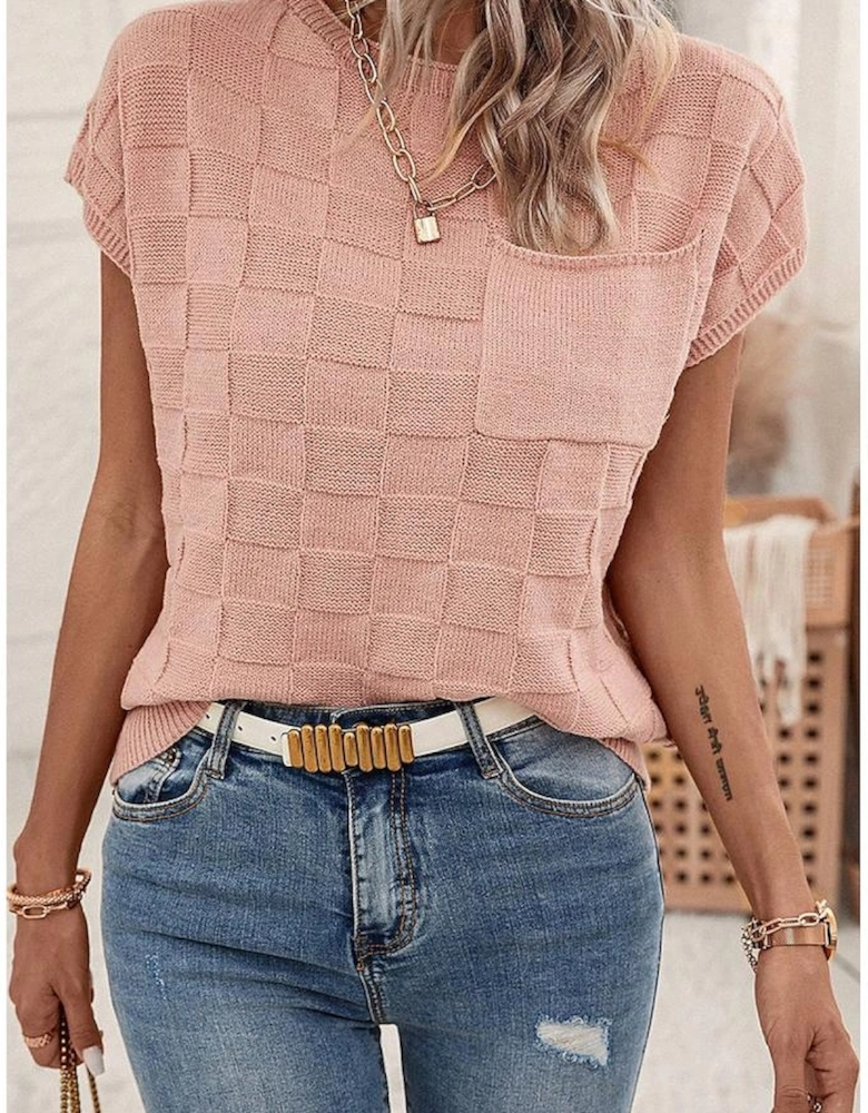 Dusty Pink Lattice Textured Knit Short Sleeve Sweater