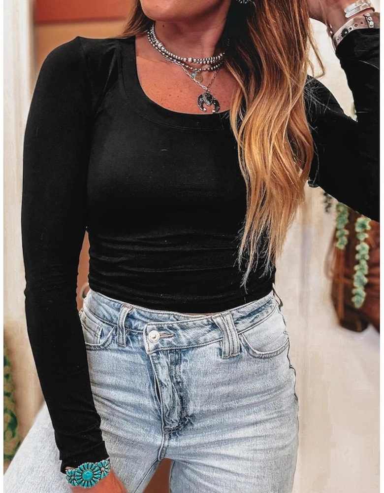 Black Solid Color Long Sleeve Fitted Top