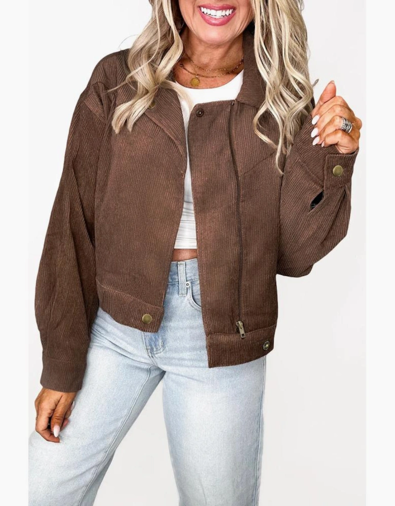 Dark Khaki Button Zip Up Lapel Collar Corduroy Jacket