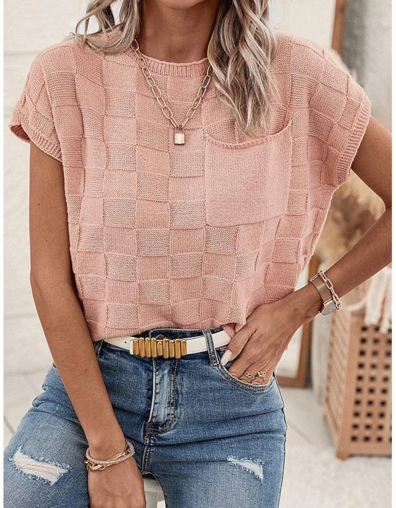 Dusty Pink Lattice Textured Knit Short Sleeve Sweater