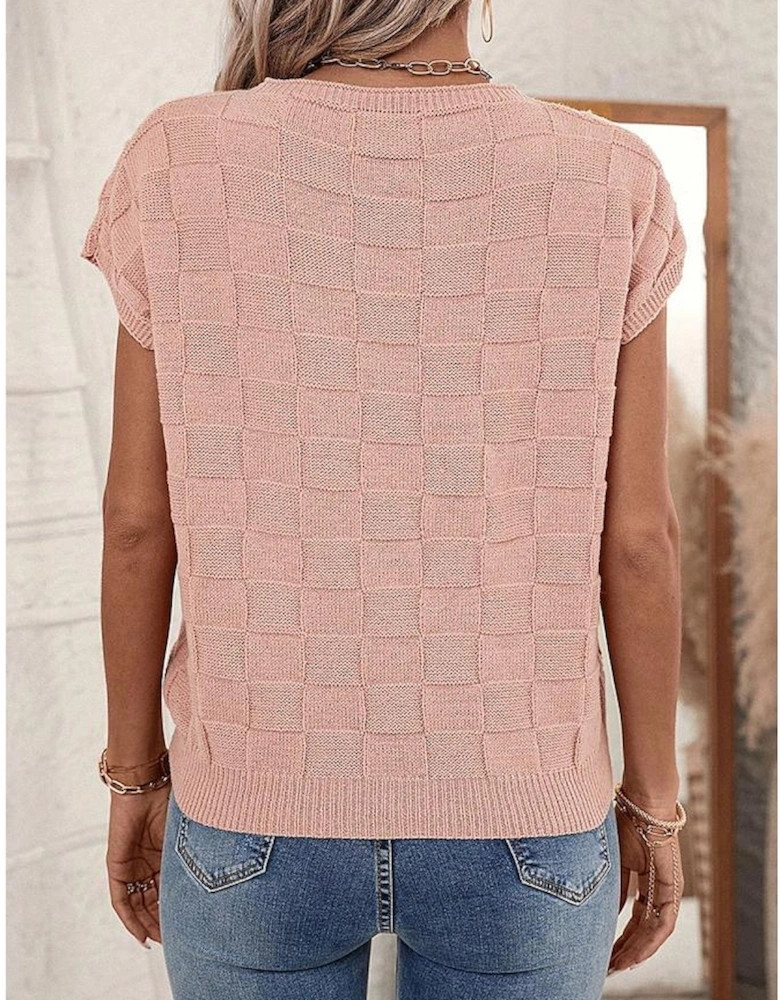 Dusty Pink Lattice Textured Knit Short Sleeve Sweater
