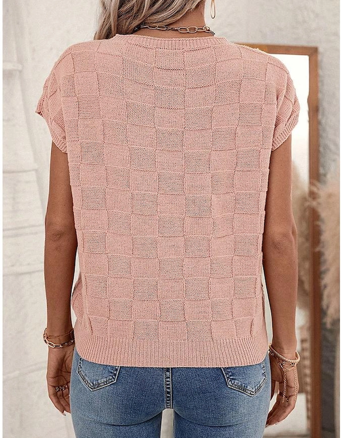 Dusty Pink Lattice Textured Knit Short Sleeve Sweater