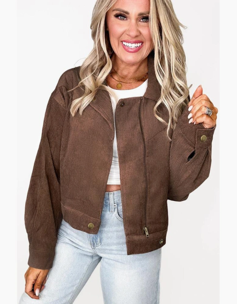 Dark Khaki Button Zip Up Lapel Collar Corduroy Jacket