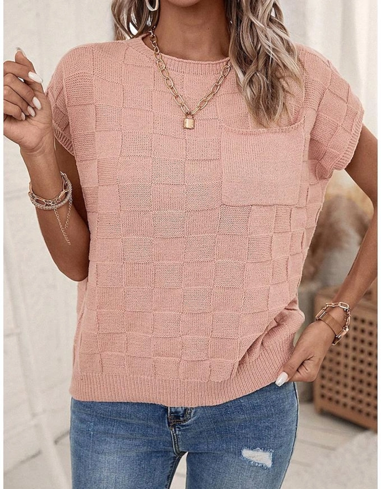 Dusty Pink Lattice Textured Knit Short Sleeve Sweater