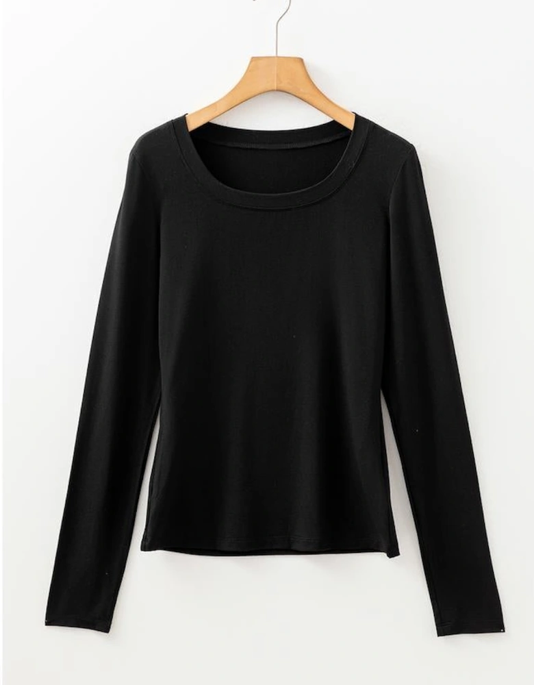 Black Solid Color Long Sleeve Fitted Top