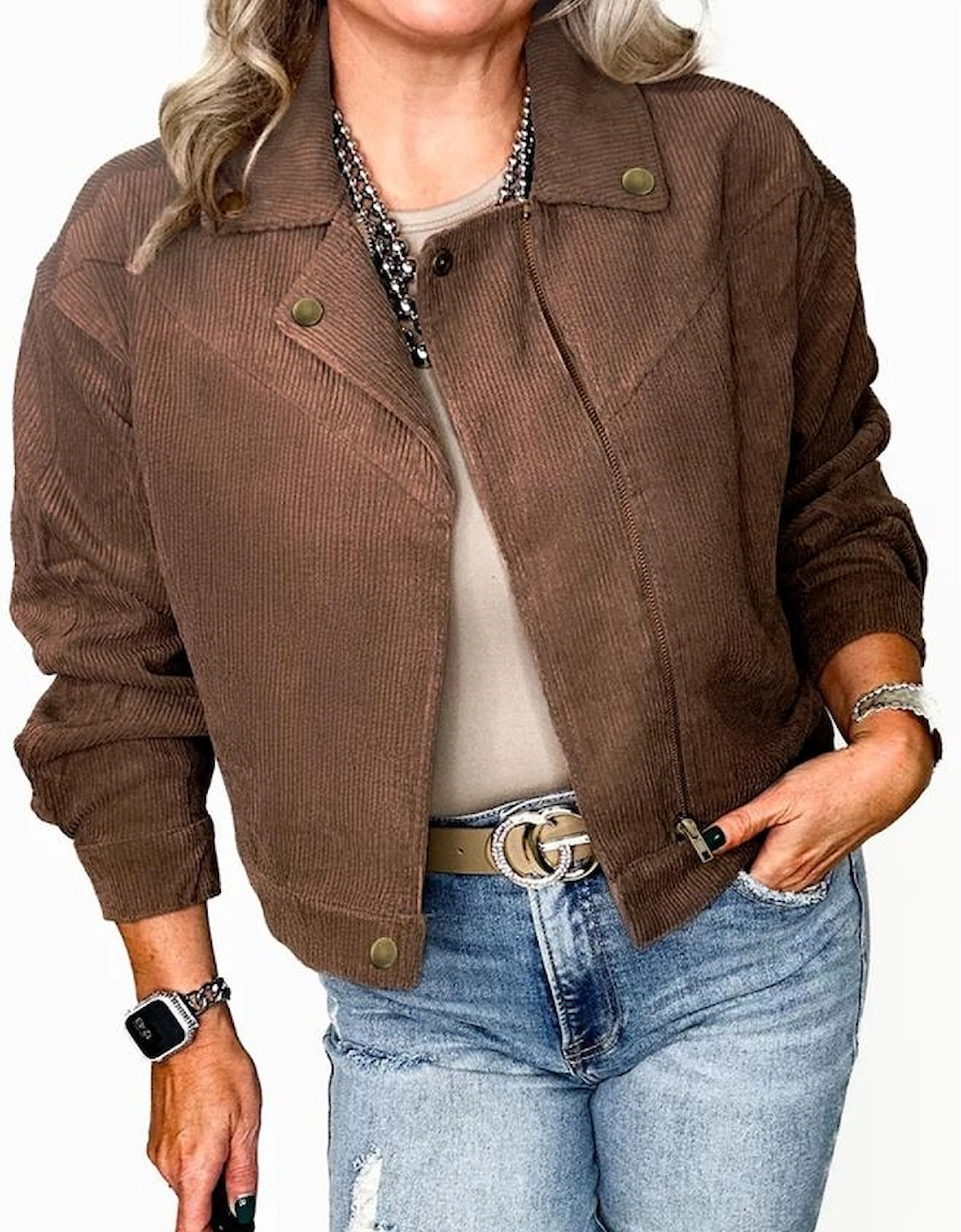 Dark Khaki Button Zip Up Lapel Collar Corduroy Jacket, 4 of 3