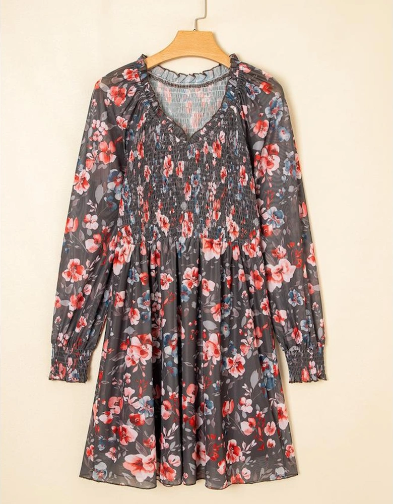 Brown Frilly Smocked Bodice Floral Mesh Long Sleeve Mini Dress