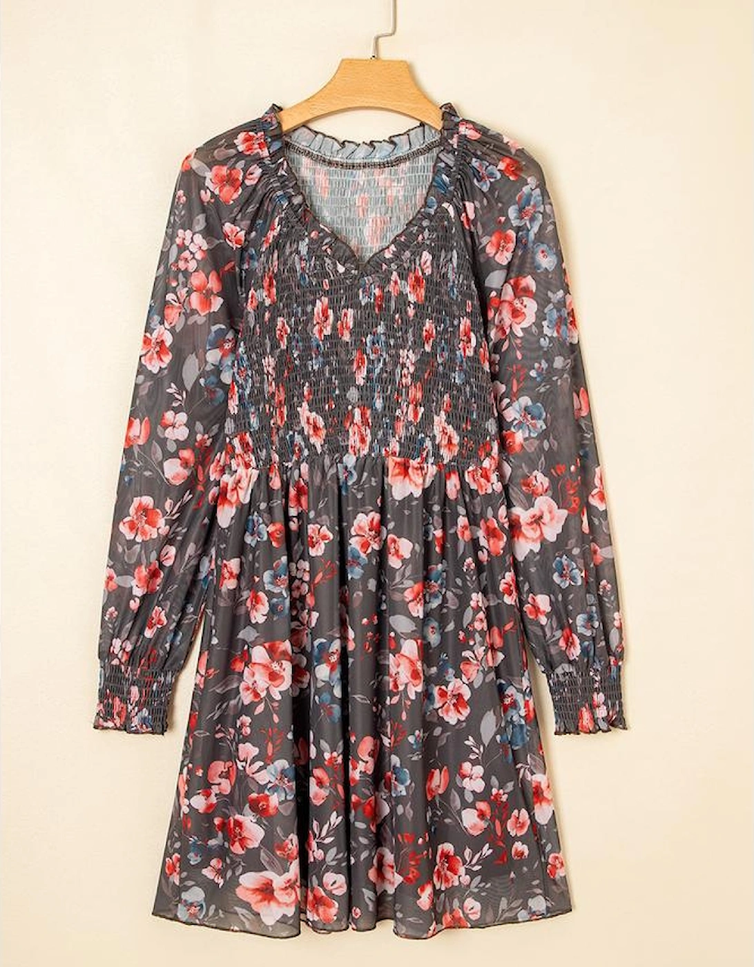 Brown Frilly Smocked Bodice Floral Mesh Long Sleeve Mini Dress