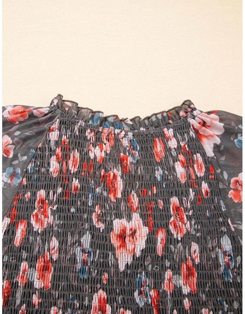 Brown Frilly Smocked Bodice Floral Mesh Long Sleeve Mini Dress