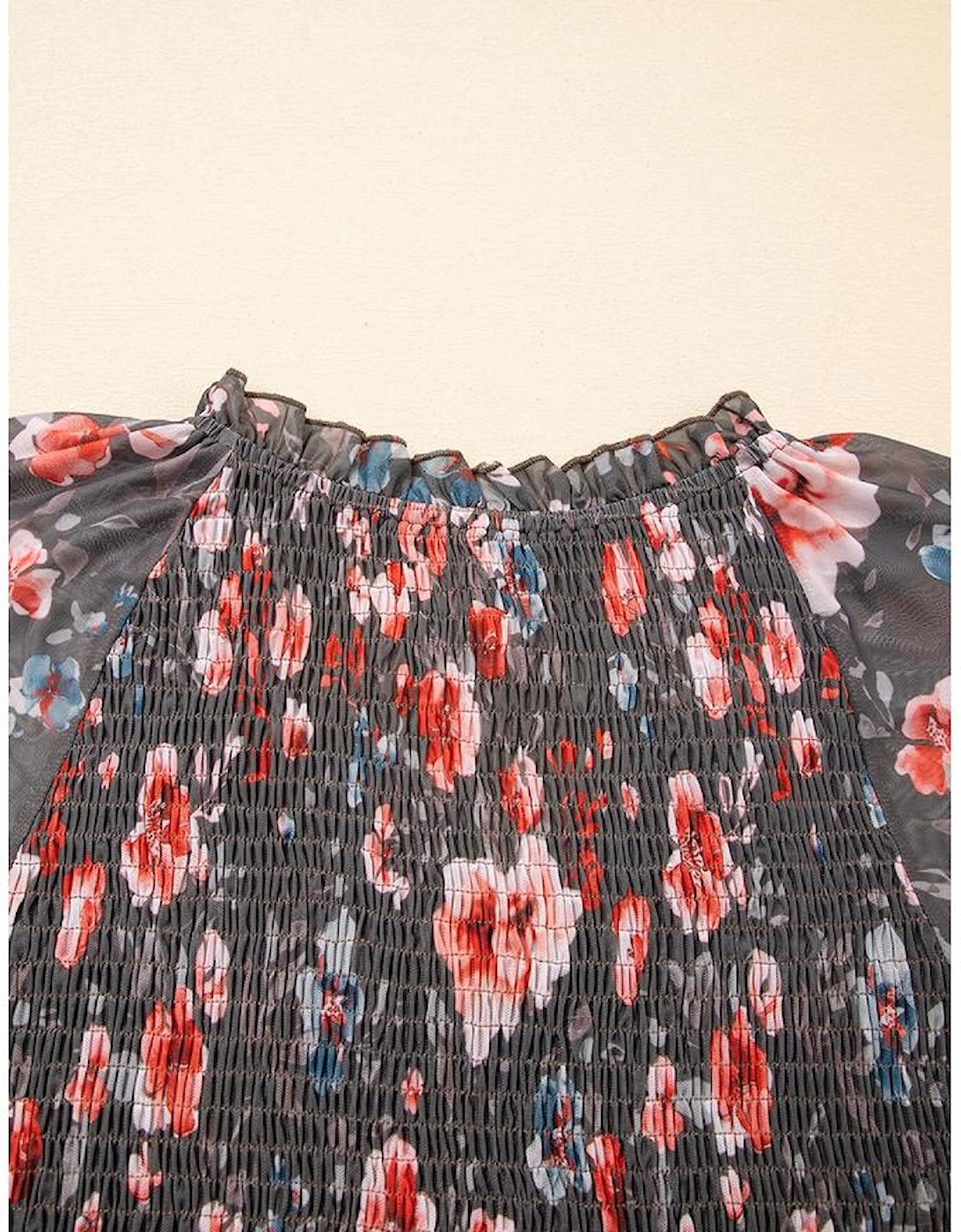 Brown Frilly Smocked Bodice Floral Mesh Long Sleeve Mini Dress