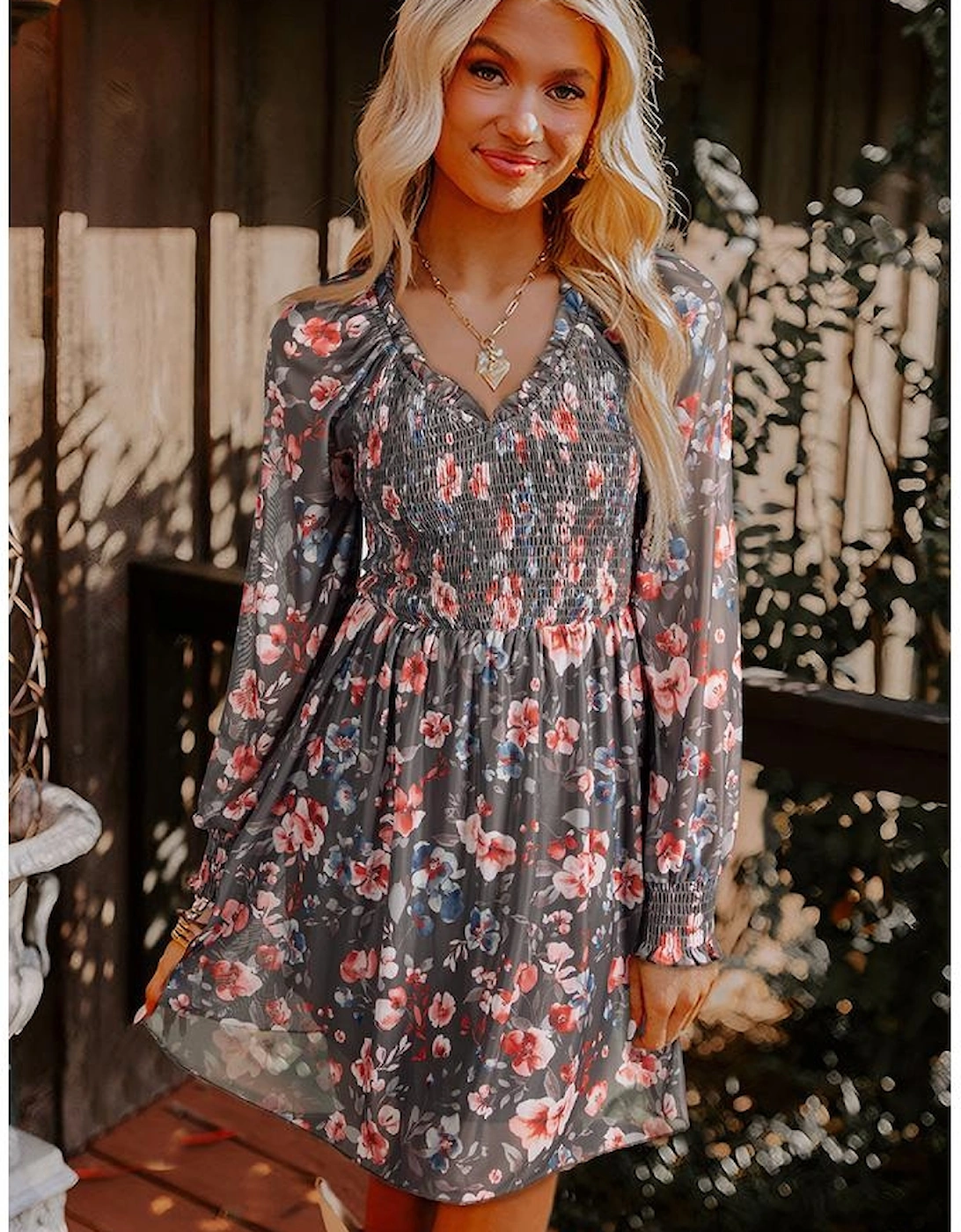 Brown Frilly Smocked Bodice Floral Mesh Long Sleeve Mini Dress